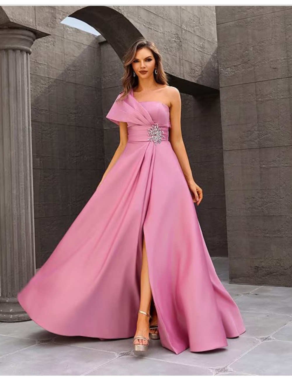 Satin One-Shoulder Neck Sleeveless Beaded Applique A-Line Ball Gown
